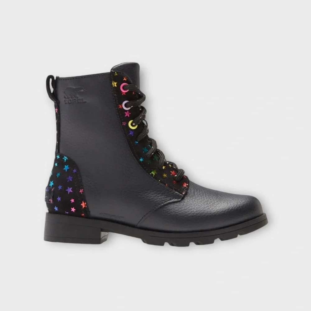 Sorel Emilie Short Lace Star Pattern Black Waterproof Boots